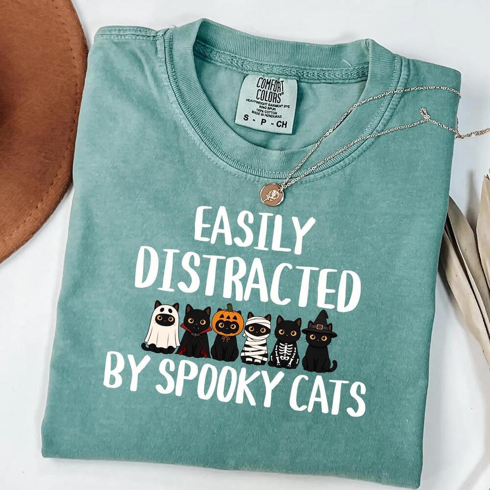 Easily Distracted By Spooky Cats T-Shirt, Funny Halloween T-Shirt, Funny